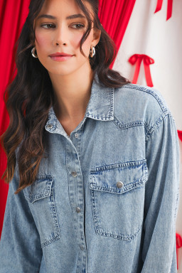 Beau Blue Chest Pocket Raw Hem Denim Loose Shirt Dress