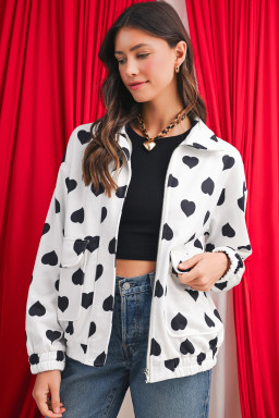 White Zipper Heart Print Collared Jacket