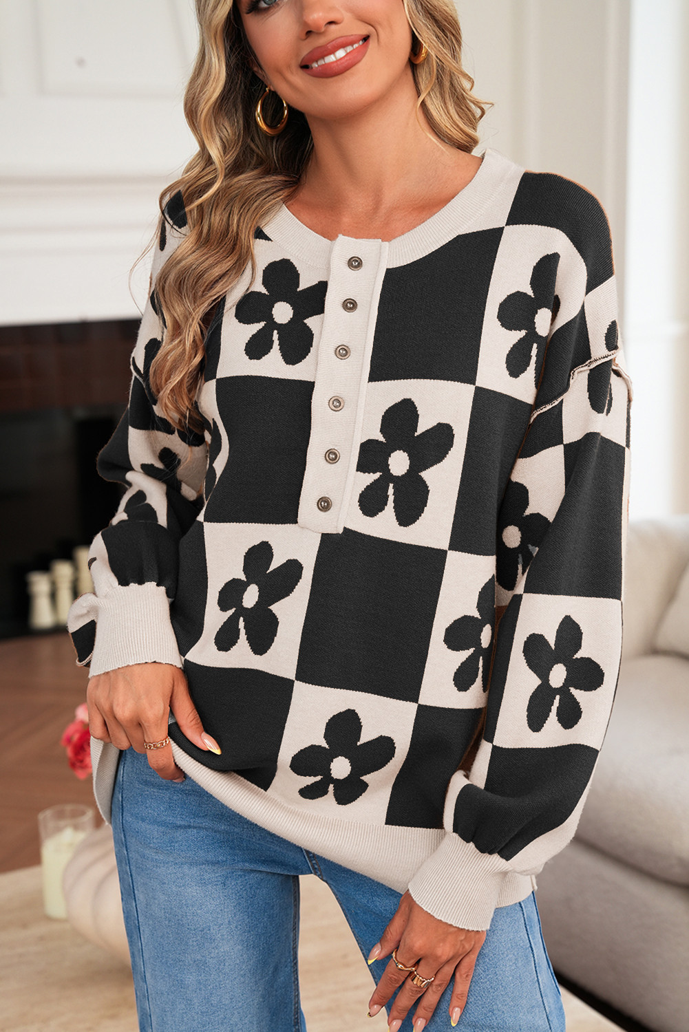 Black Flower Colorblock Checkered Henley Sweater
