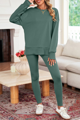 Green Bay Solid Color Oversize Slit Sweatshirt Ribbed Leggings Set