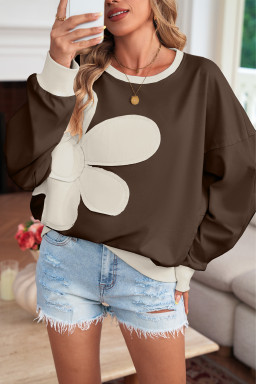 Coffee Raw Edge Flower Patch Drop Shoulder Long Sleeve Top