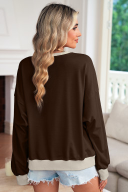 Coffee Raw Edge Flower Patch Drop Shoulder Long Sleeve Top