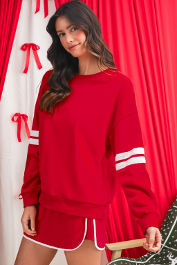 Fiery Red Varsity Stripe Detail Drop Shoulder Pullover Mini Skort Set