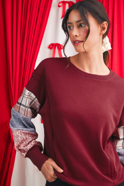 Red Sandalwood Plaid Patchwork Sleeve Raw Seam Sweatshirt