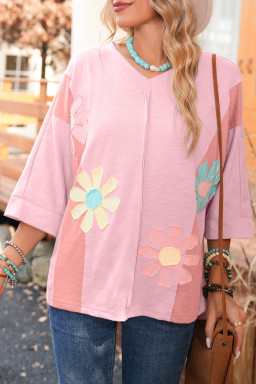 Pink Flower Patched Exposed Seam 3/4 Sleeve top