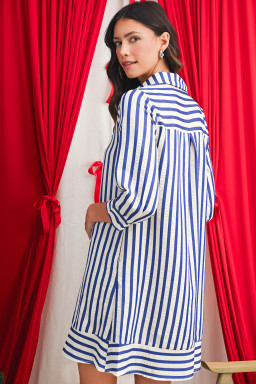 Blue Striped Collared Half Button Side Pockets Loose Fit Mini Dress