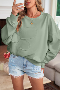 Smoke Green Raw Edge Flower Patch Drop Shoulder Long Sleeve Top