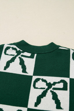 Blackish Green Bow Print Checkered Knit Sweater