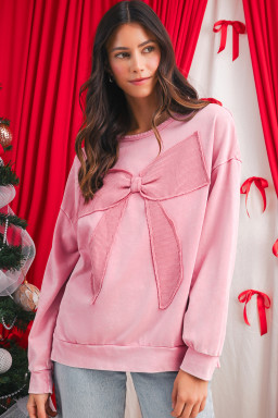 Bright Pink Mineral Wash Waffle Bow Patched Pullover Sweatshirt