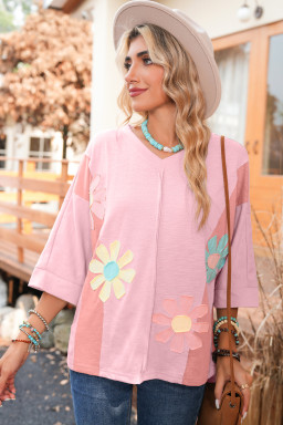 Pink Flower Patched Exposed Seam 3/4 Sleeve top