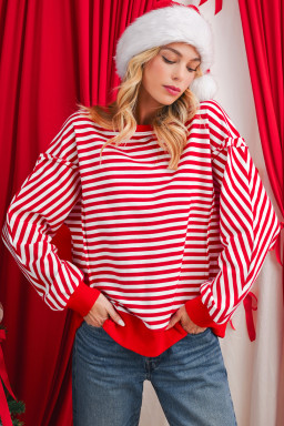 Red Striped Exposed Seam Drop Shoulder Long Sleeve Top