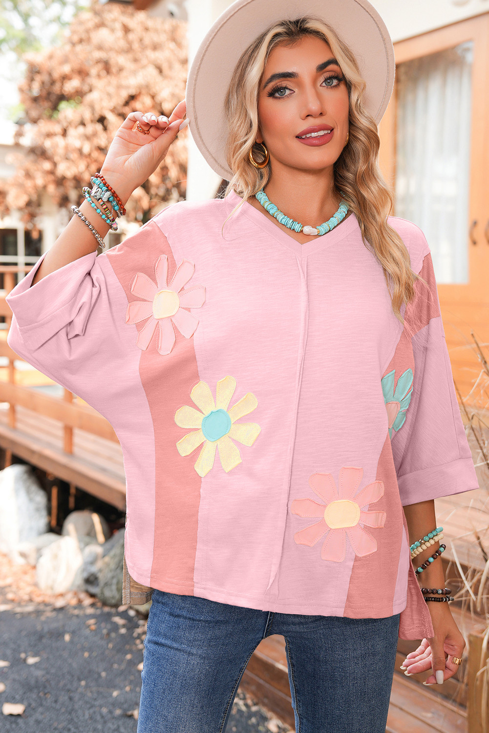 Pink Flower Patched Exposed Seam 3/4 Sleeve top