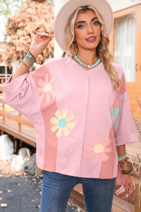 Pink Flower Patched Exposed Seam 3/4 Sleeve top