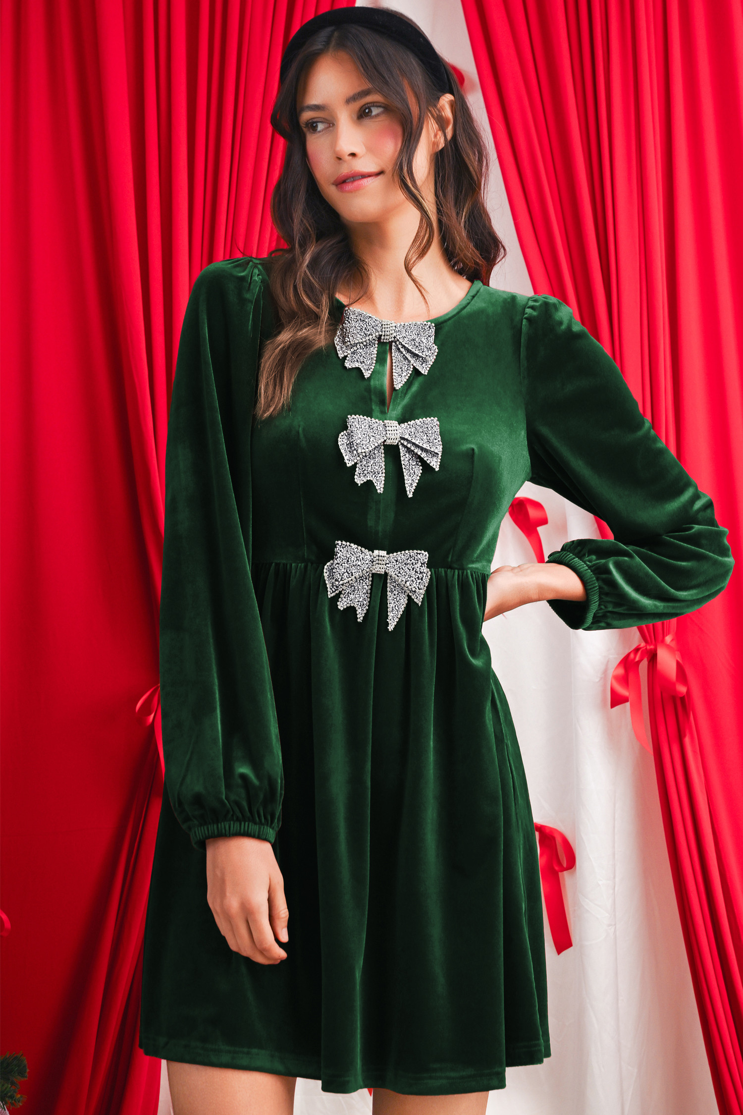 Evergreen Bowknot Decor High Waist Velvet Mini Dress