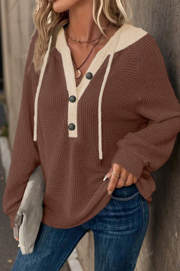 Coffee Waffle Contrast Half Buttoned Hooded Pullover Top
