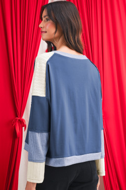 Dark Blue Knitted Colorblock Patchwork Star Patched Long Sleeve Top