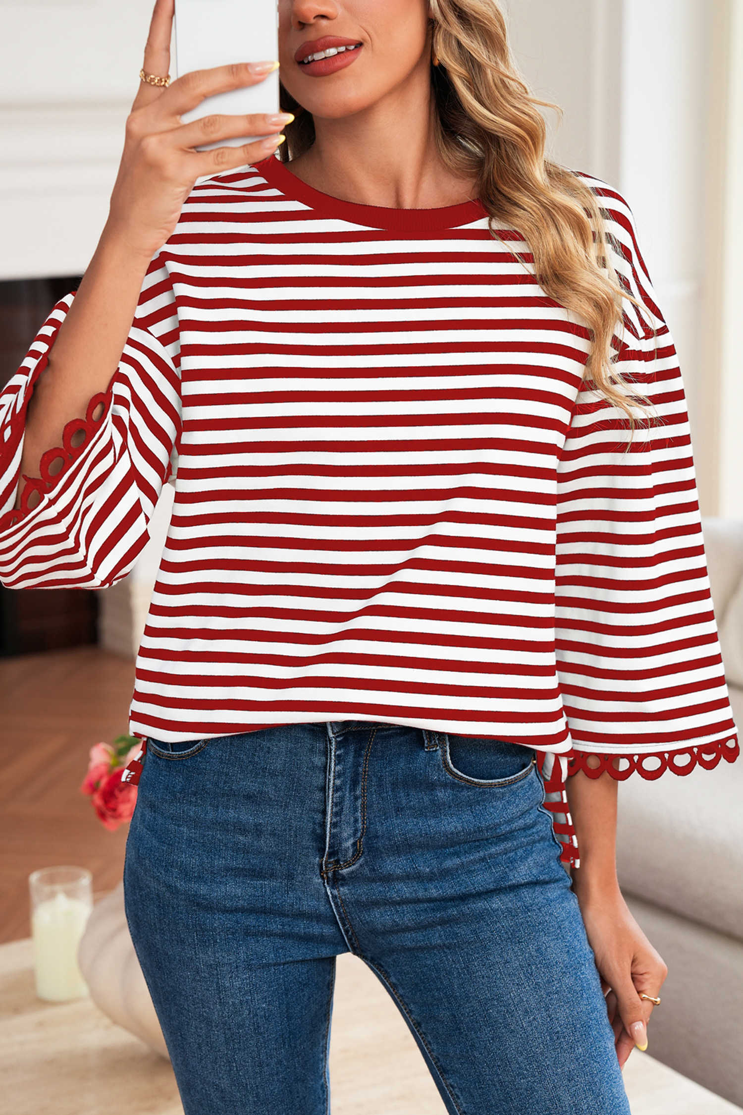 Racing Red Striped Round Neck Contrast Trim Bell Sleeve Top
