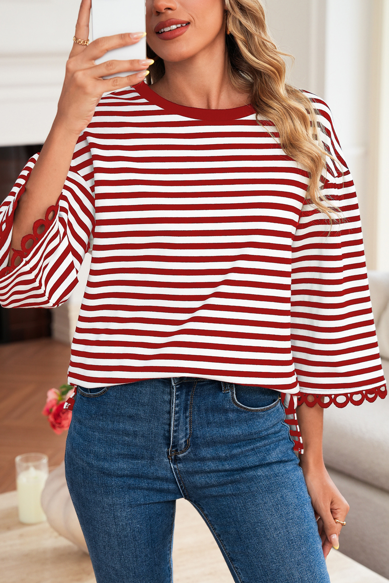 Racing Red Striped Round Neck Contrast Trim Bell Sleeve Top