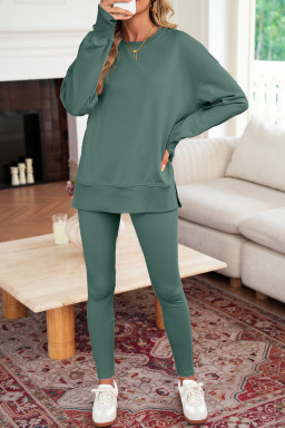 Green Bay Solid Color Oversize Slit Sweatshirt Ribbed Leggings Set