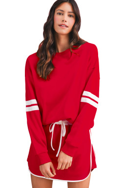 Fiery Red Varsity Stripe Detail Drop Shoulder Pullover Mini Skort Set