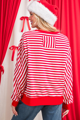 Red Striped Exposed Seam Drop Shoulder Long Sleeve Top