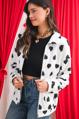 White Zipper Heart Print Collared Jacket