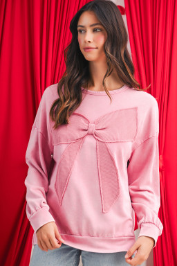 Bright Pink Mineral Wash Waffle Bow Patched Pullover Sweatshirt