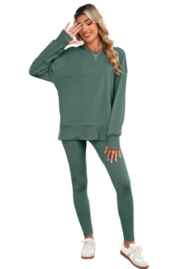 Green Bay Solid Color Oversize Slit Sweatshirt Ribbed Leggings Set