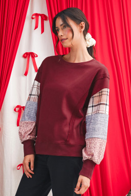 Red Sandalwood Plaid Patchwork Sleeve Raw Seam Sweatshirt