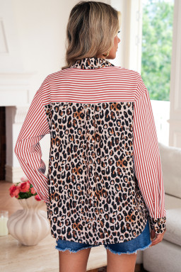 Racing Red Leopard and Striped Patchwork Button Shirt