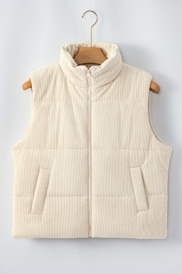Beige Corduroy Stand Neck Zipped Puffer Vest