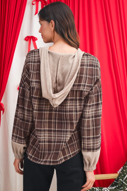 Brown Plaid Waffle Patchwork Long Sleeve Henley Hooded Top