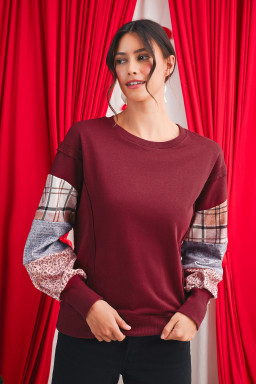 Red Sandalwood Plaid Patchwork Sleeve Raw Seam Sweatshirt