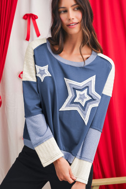 Dark Blue Knitted Colorblock Patchwork Star Patched Long Sleeve Top