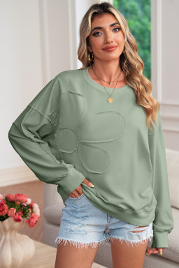 Smoke Green Raw Edge Flower Patch Drop Shoulder Long Sleeve Top
