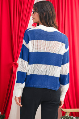 Blue Stripe Colorblock Polo Collar Eyelet Crochet Knit Sweater