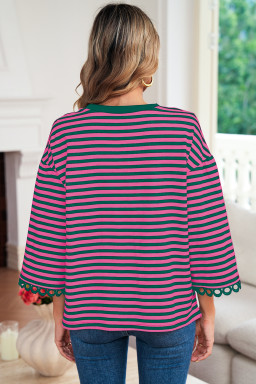 Sachet Pink Striped Round Neck Contrast Trim Bell Sleeve Top