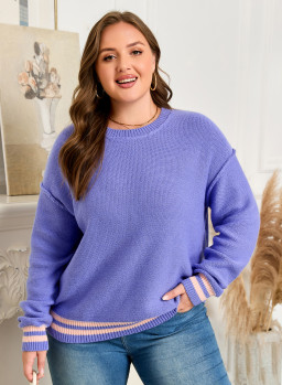 Wisteria Plus Size Striped Trim Drop Shoulder Knit Loose Sweater