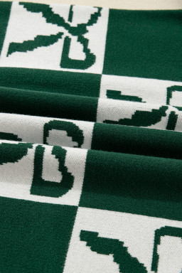 Blackish Green Bow Print Checkered Knit Sweater