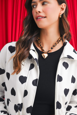White Zipper Heart Print Collared Jacket