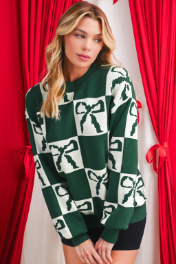 Blackish Green Bow Print Checkered Knit Sweater