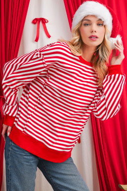 Red Striped Exposed Seam Drop Shoulder Long Sleeve Top