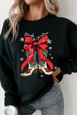 Black Howdy Christmas Ribbon Bow Knot Western Boots Graphic Sweatshirt