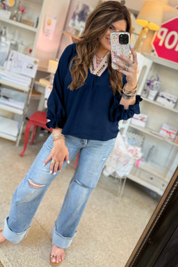 Dirty blue Leopard Trim V Neck Flounced Bracelet Sleeve Blouse