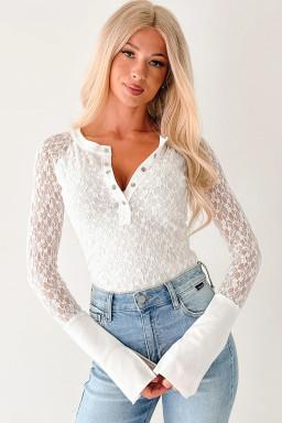 White Sheer Lace Long Sleeve Slim Henley Top