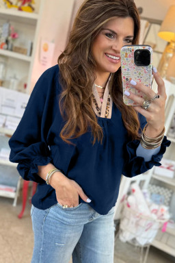 Dirty blue Leopard Trim V Neck Flounced Bracelet Sleeve Blouse