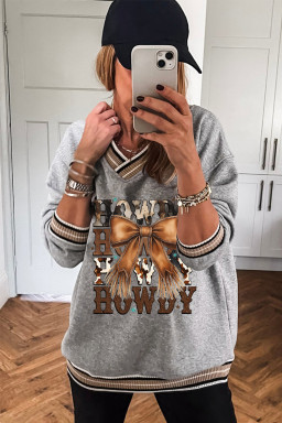 Gray Western HOWDY Bow Graphic V Neck Varsity Sweatshirt