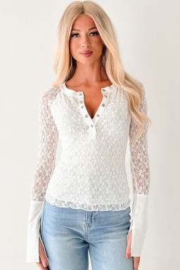 White Sheer Lace Long Sleeve Slim Henley Top