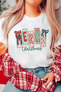 White Merry Christmas Ribbon Bow Detail Holiday Graphic Tee
