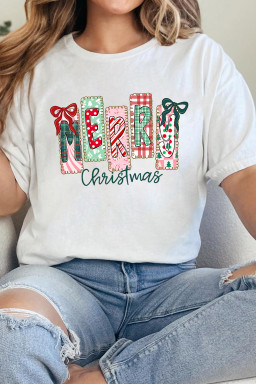 White Merry Christmas Ribbon Bow Detail Holiday Graphic Tee